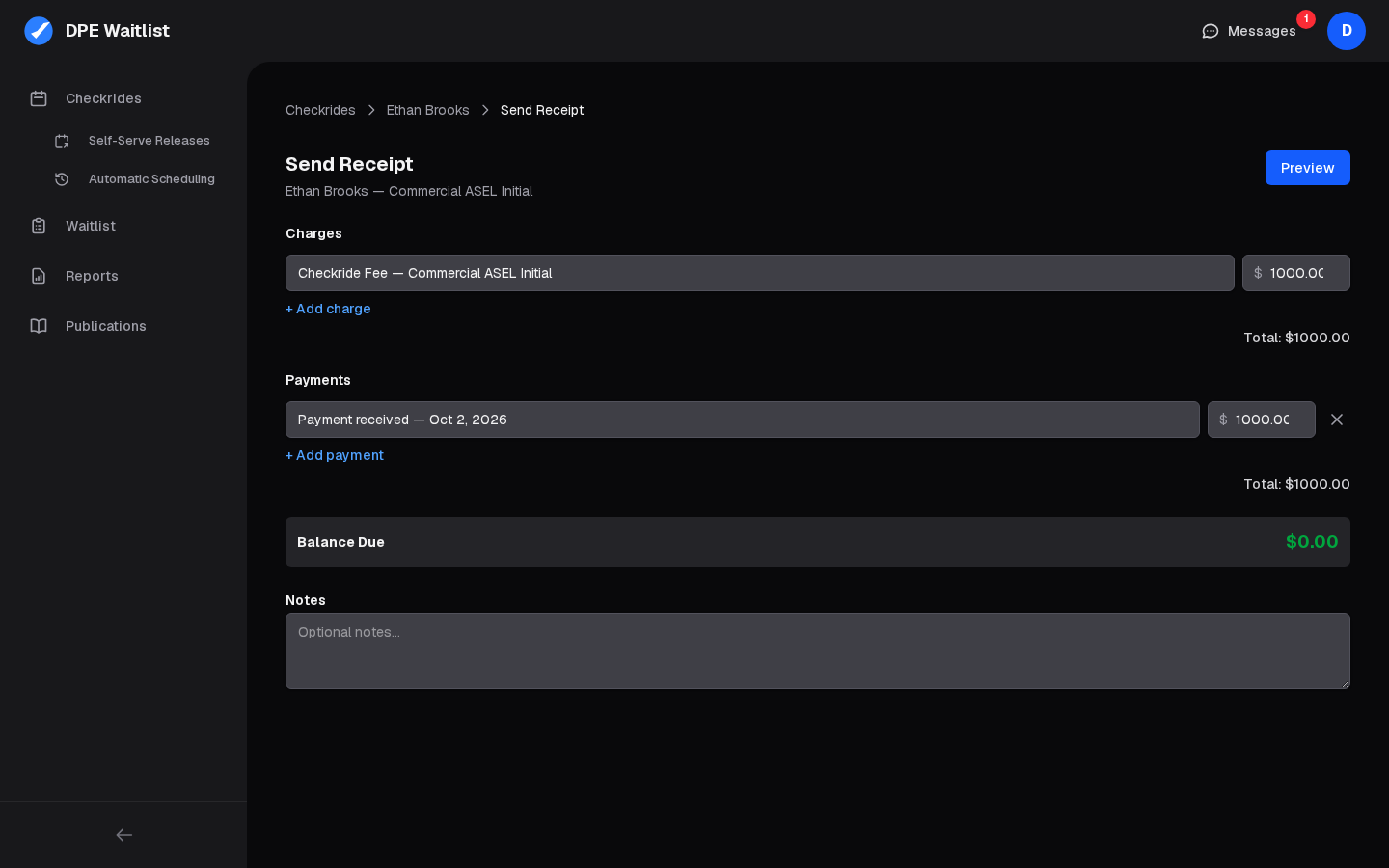 Send Receipt: the charges and payments, each editable, Add charge and Add payment, the balance due, notes, and Preview