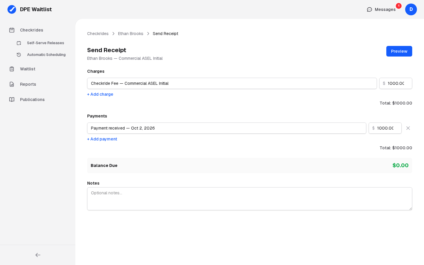 Send Receipt: the charges and payments, each editable, Add charge and Add payment, the balance due, notes, and Preview
