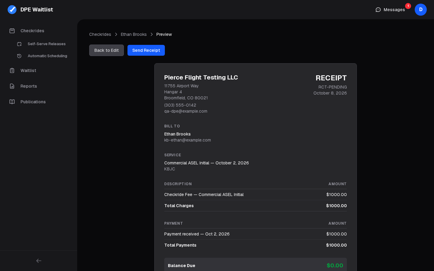 The receipt preview, as the applicant will see it, with Back to Editor and Send Receipt