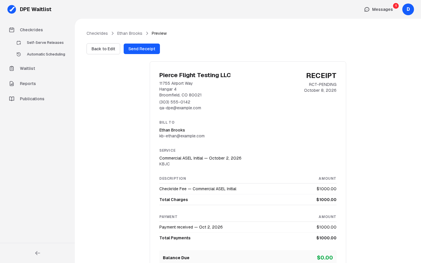 The receipt preview, as the applicant will see it, with Back to Editor and Send Receipt