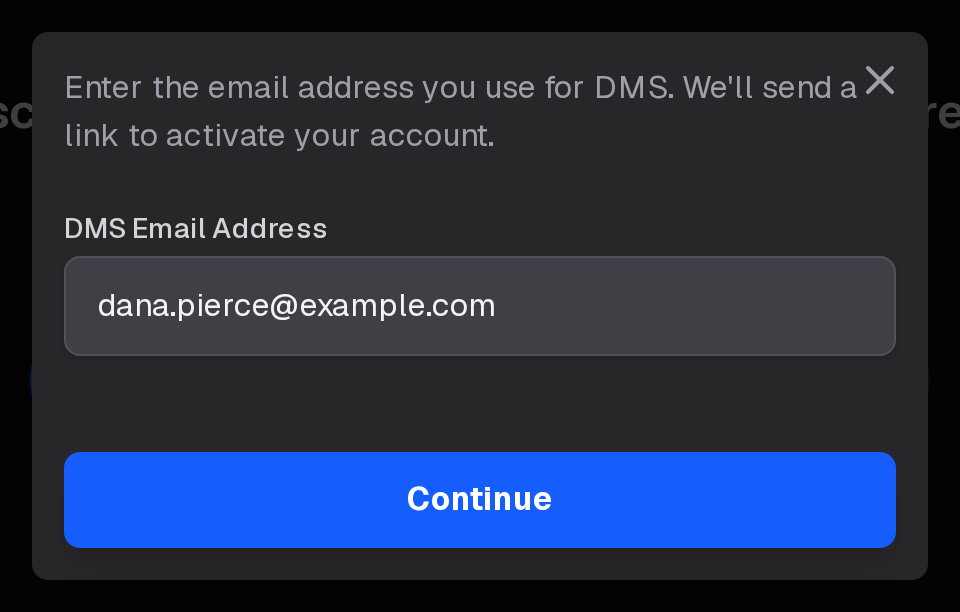 The DPE registration form asking for the email address you use for DMS, with a Continue button