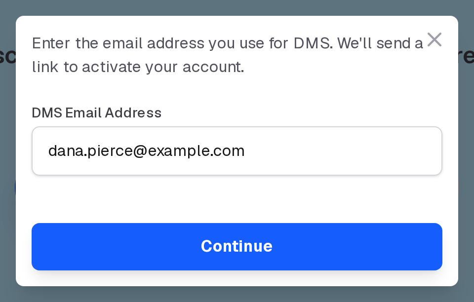 The DPE registration form asking for the email address you use for DMS, with a Continue button