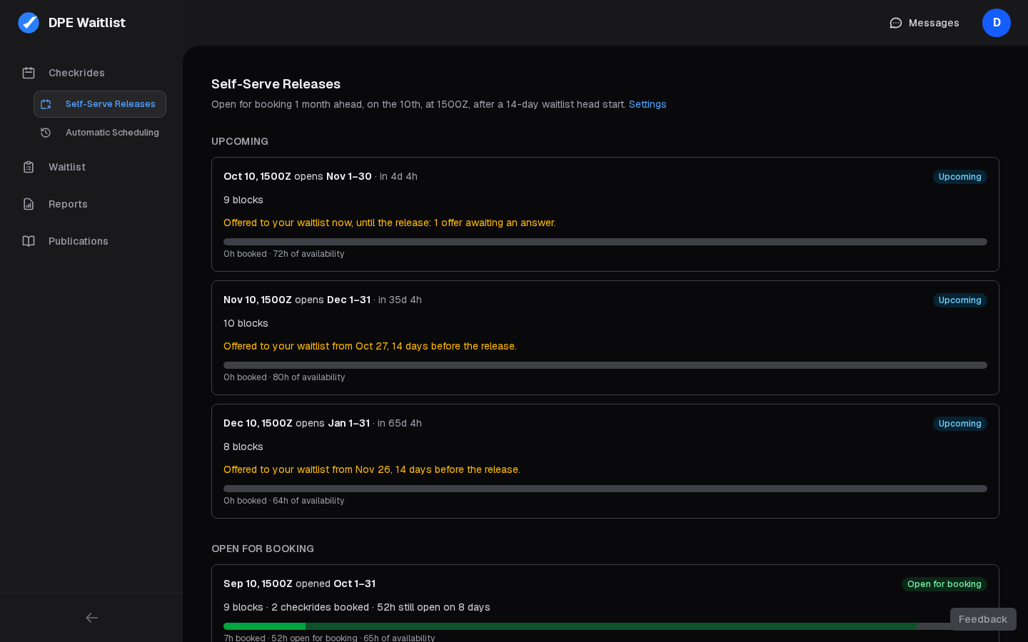 The Self-Serve Releases page with the next three releases, each with its blocks and a bar of booked and open time
