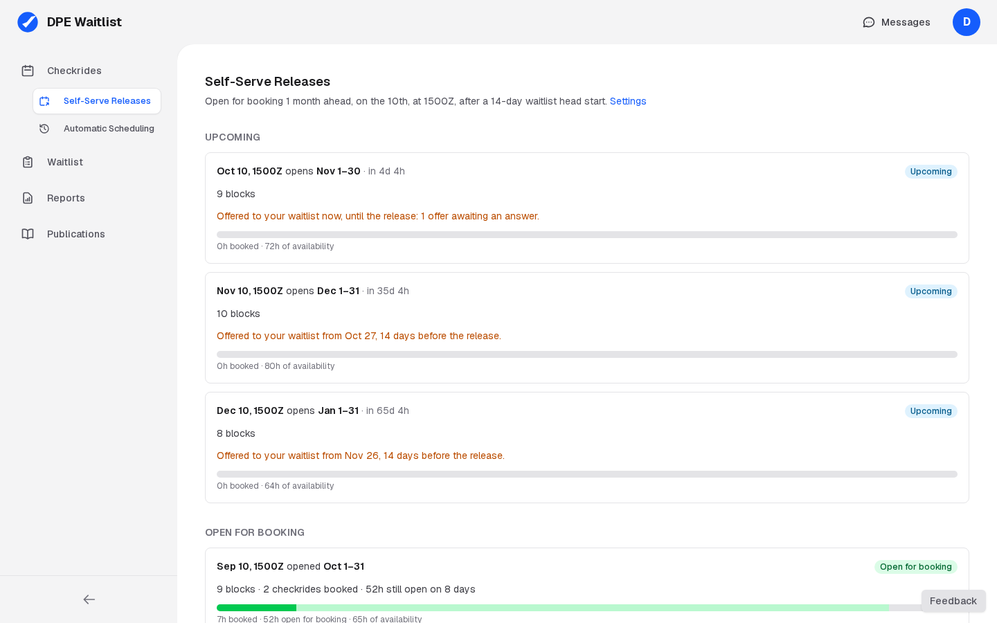The Self-Serve Releases page with the next three releases, each with its blocks and a bar of booked and open time