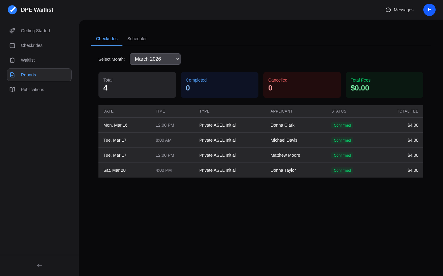 DPE Reports page showing scheduler performance metrics and statistics