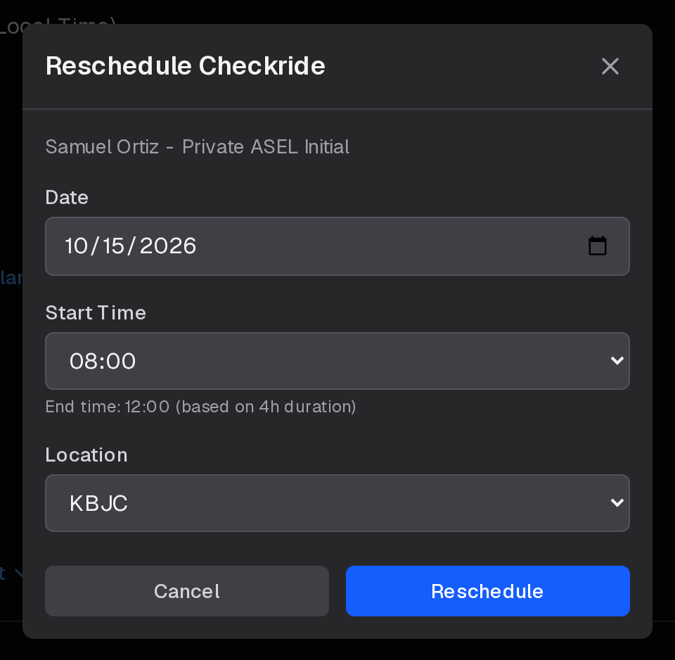 The Reschedule Checkride form with the date, the start time (the end follows from the duration) and the location