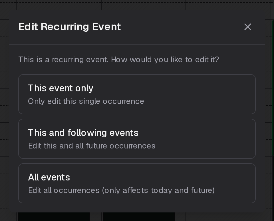 Edit Recurring Event: this event only, this and following events, or all events