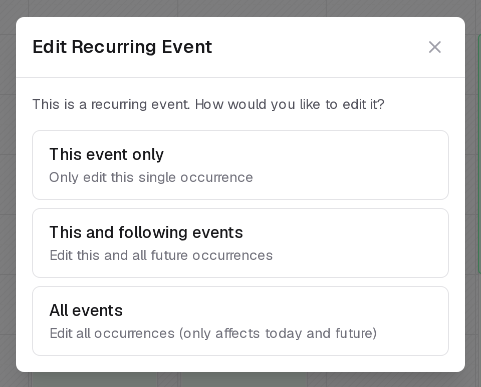 Edit Recurring Event: this event only, this and following events, or all events