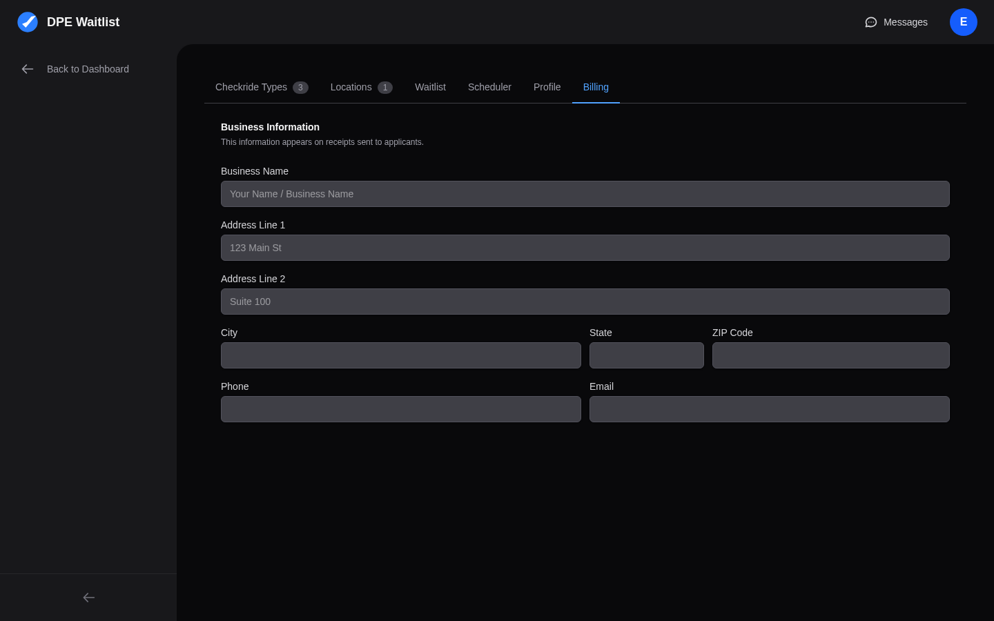 DPE Settings Billing tab for configuring business information that appears on receipts