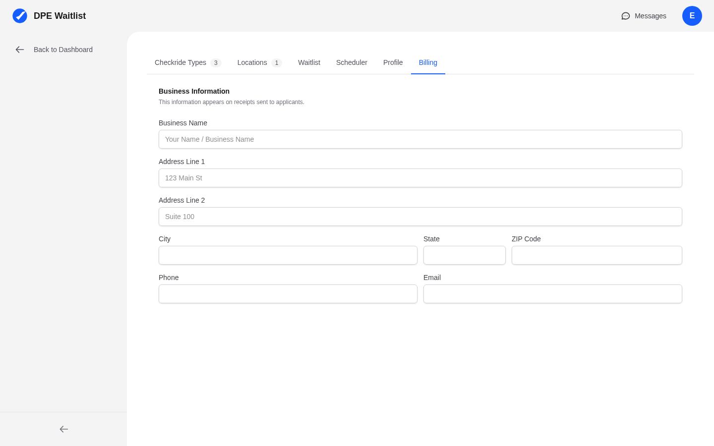 DPE Settings Billing tab for configuring business information that appears on receipts