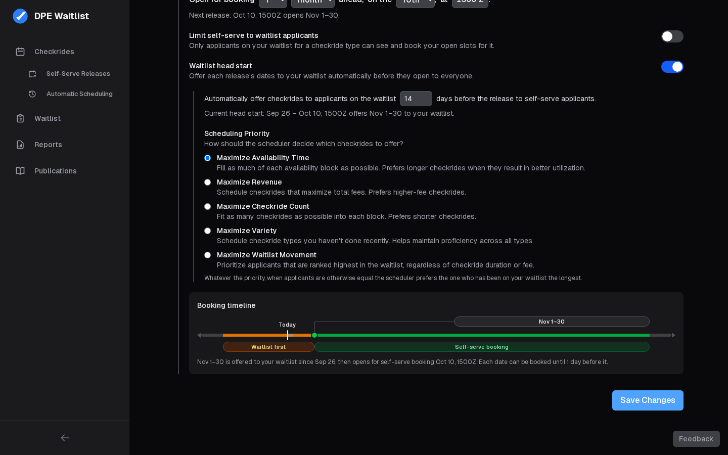 The booking timeline showing today, the waitlist-first period up to the Oct 10 release, and self-serve booking of Nov 1–30