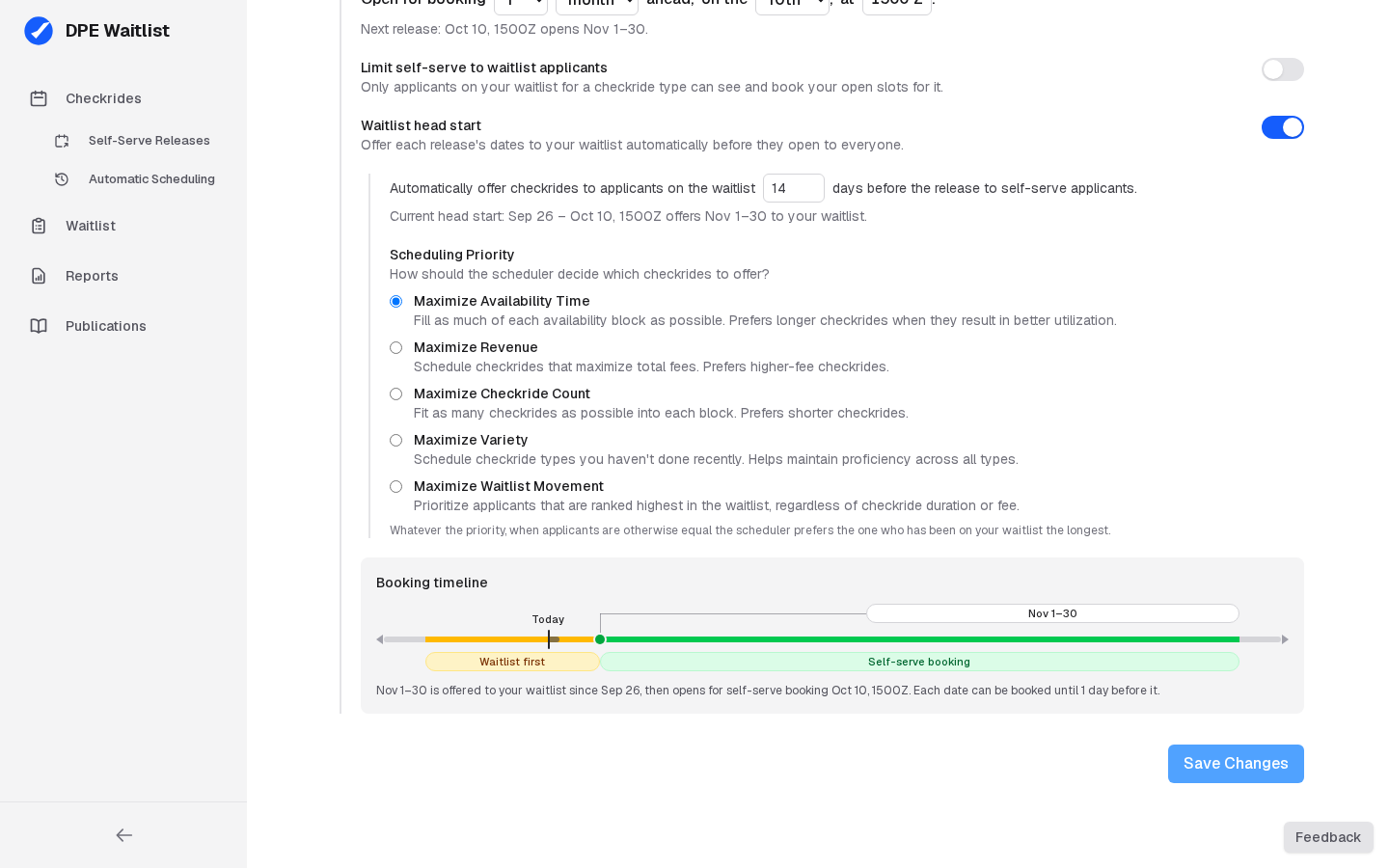 The booking timeline showing today, the waitlist-first period up to the Oct 10 release, and self-serve booking of Nov 1–30