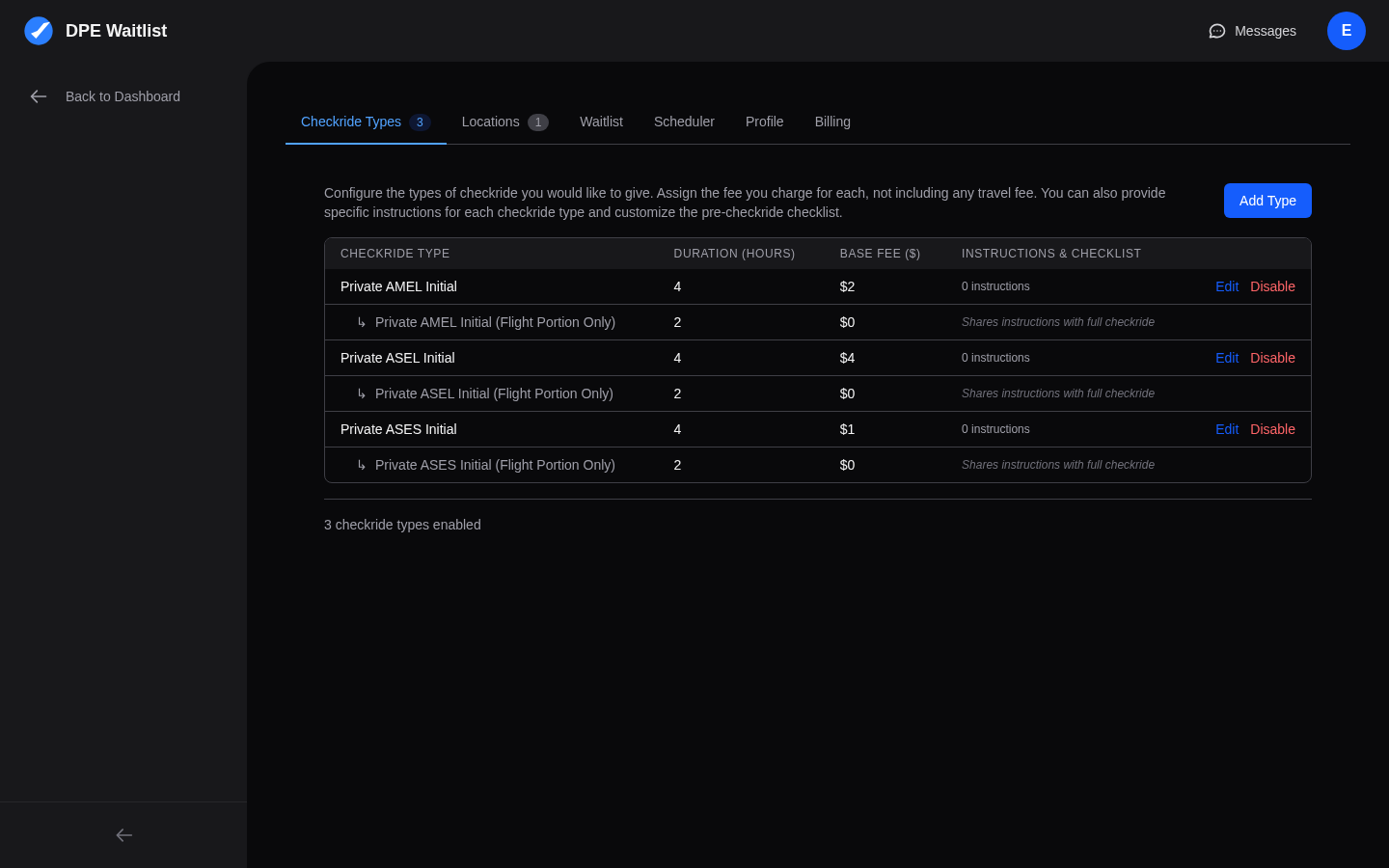 DPE Settings Checkride Types tab showing base fees for each checkride type