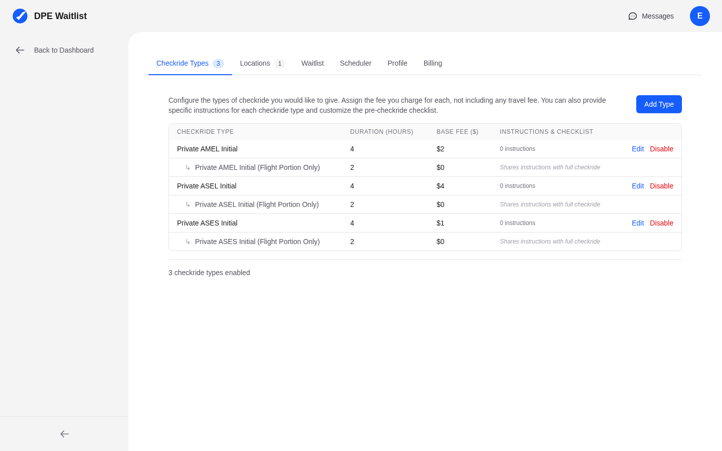 DPE Settings Checkride Types tab showing base fees for each checkride type