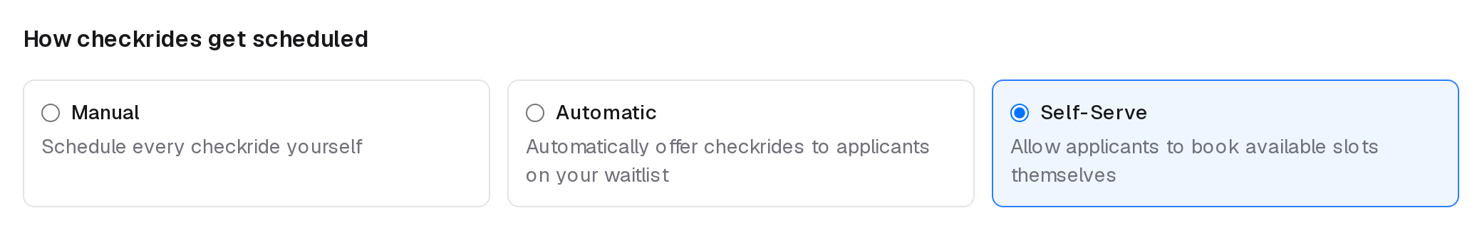 How checkrides get scheduled, on the Scheduling tab: Manual, Automatic and Self-Serve