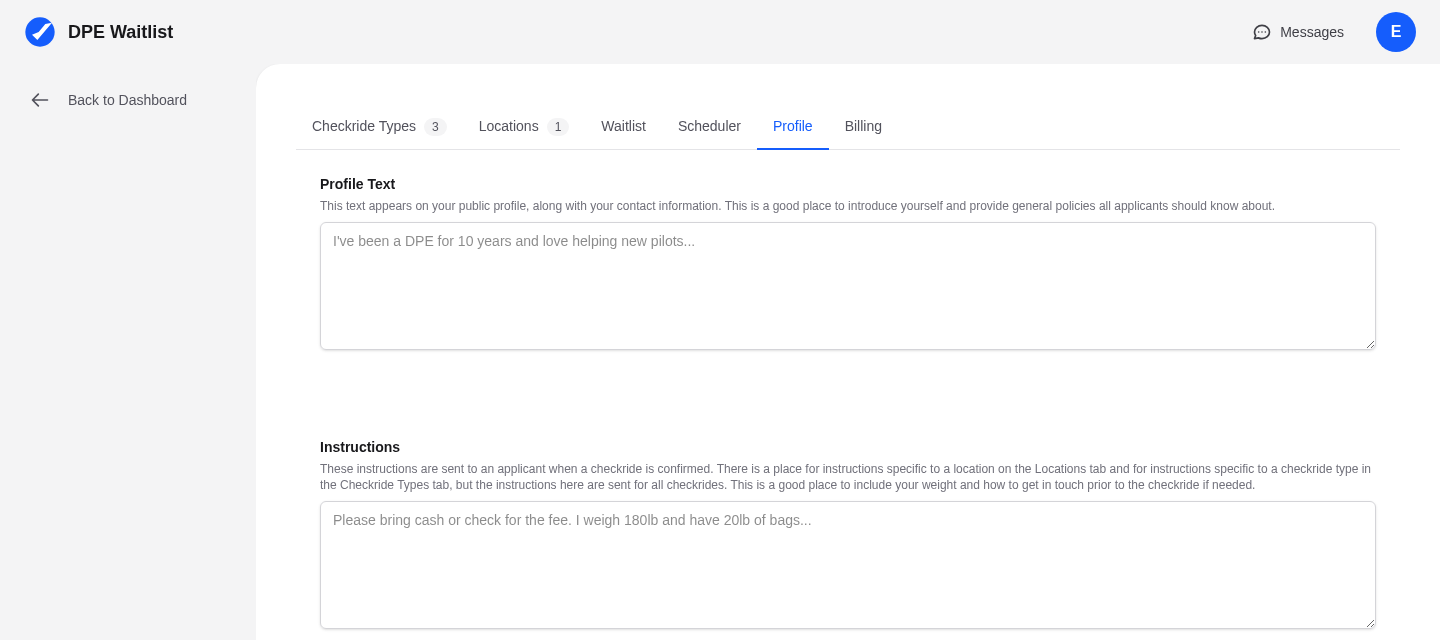 DPE Settings Profile tab for editing your display name, bio, and contact information