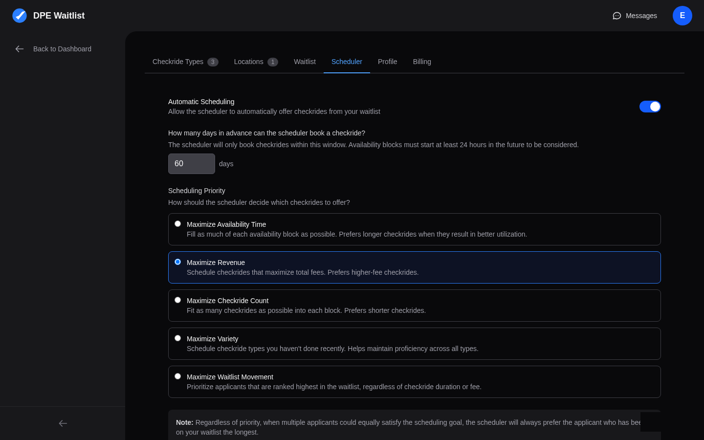 DPE Settings Scheduler tab showing the enable toggle, booking window, and priority options