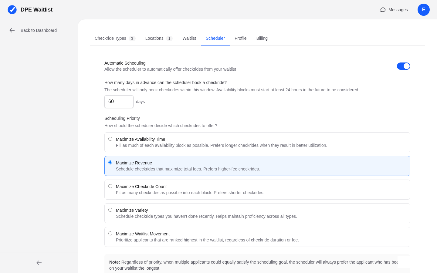 DPE Settings Scheduler tab showing the enable toggle, booking window, and priority options