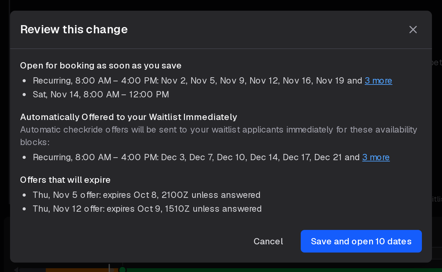 The Review this change dialog listing the dates that open for booking, the dates offered to the waitlist, and offers that will expire