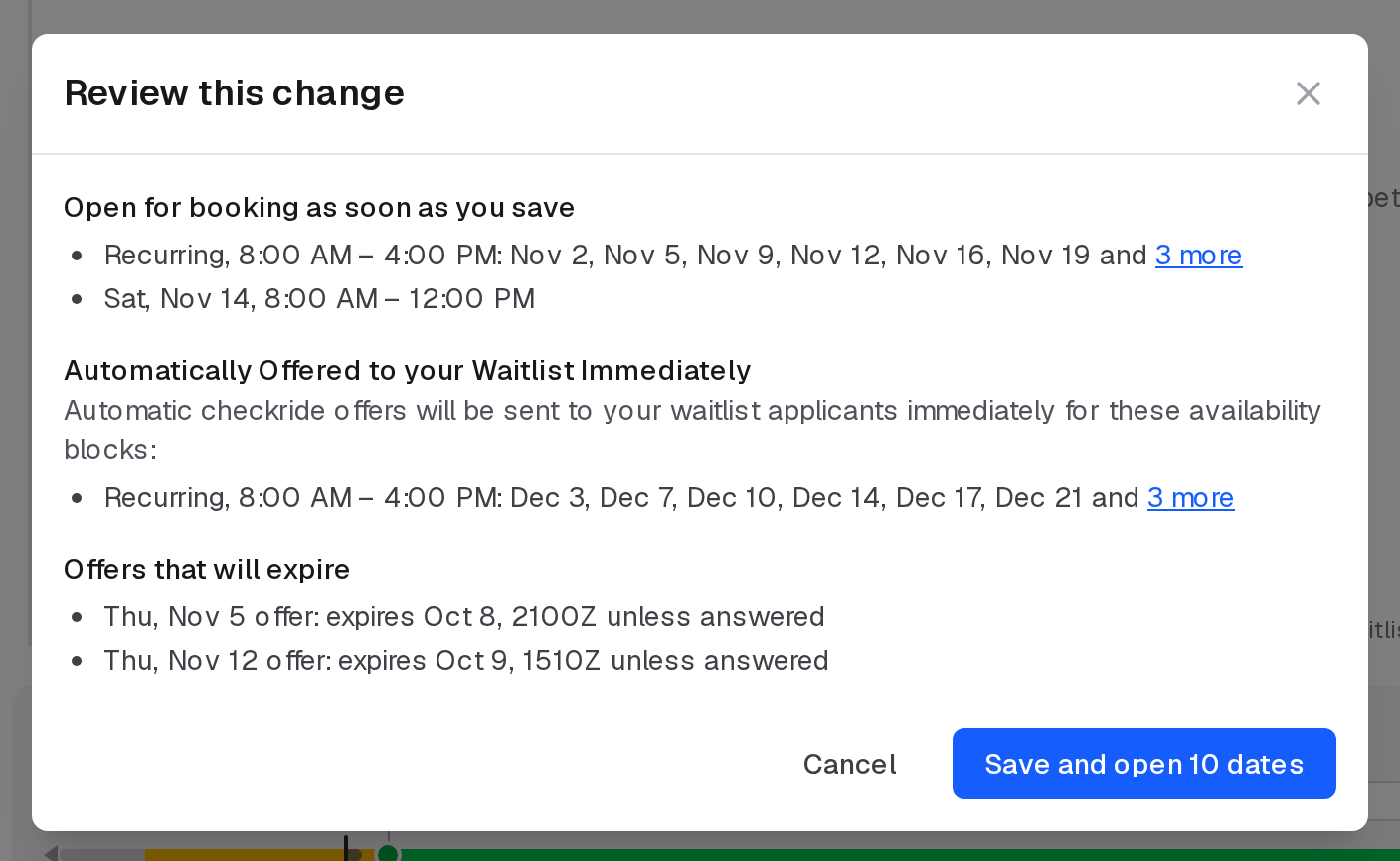 The Review this change dialog listing the dates that open for booking, the dates offered to the waitlist, and offers that will expire
