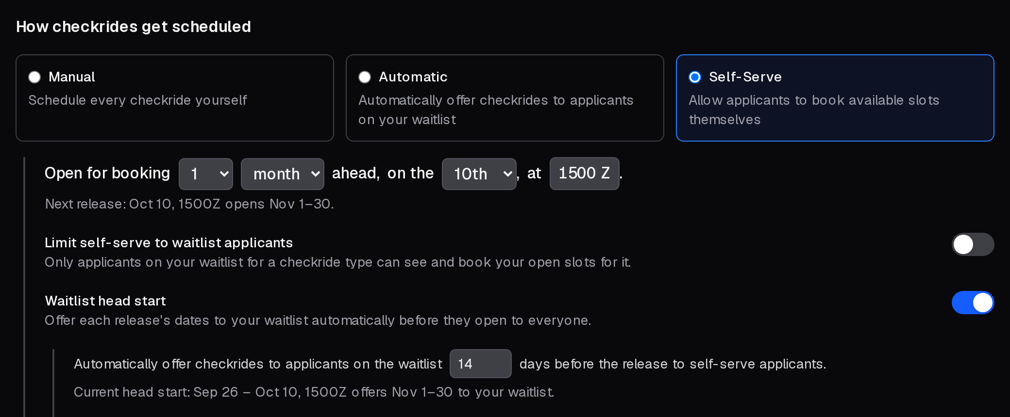Self-Serve chosen: the release schedule and the next release, Limit self-serve to waitlist applicants, and the waitlist head start