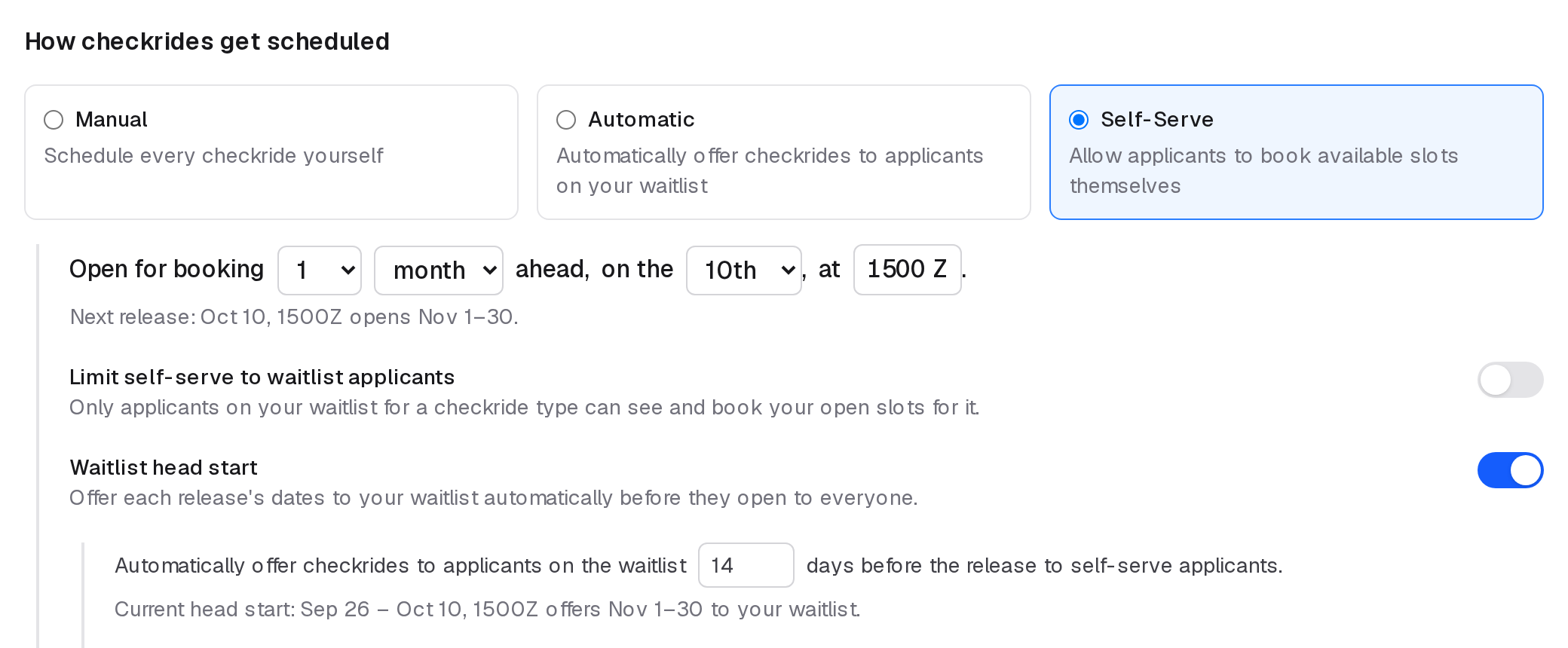 Self-Serve chosen: the release schedule and the next release, Limit self-serve to waitlist applicants, and the waitlist head start