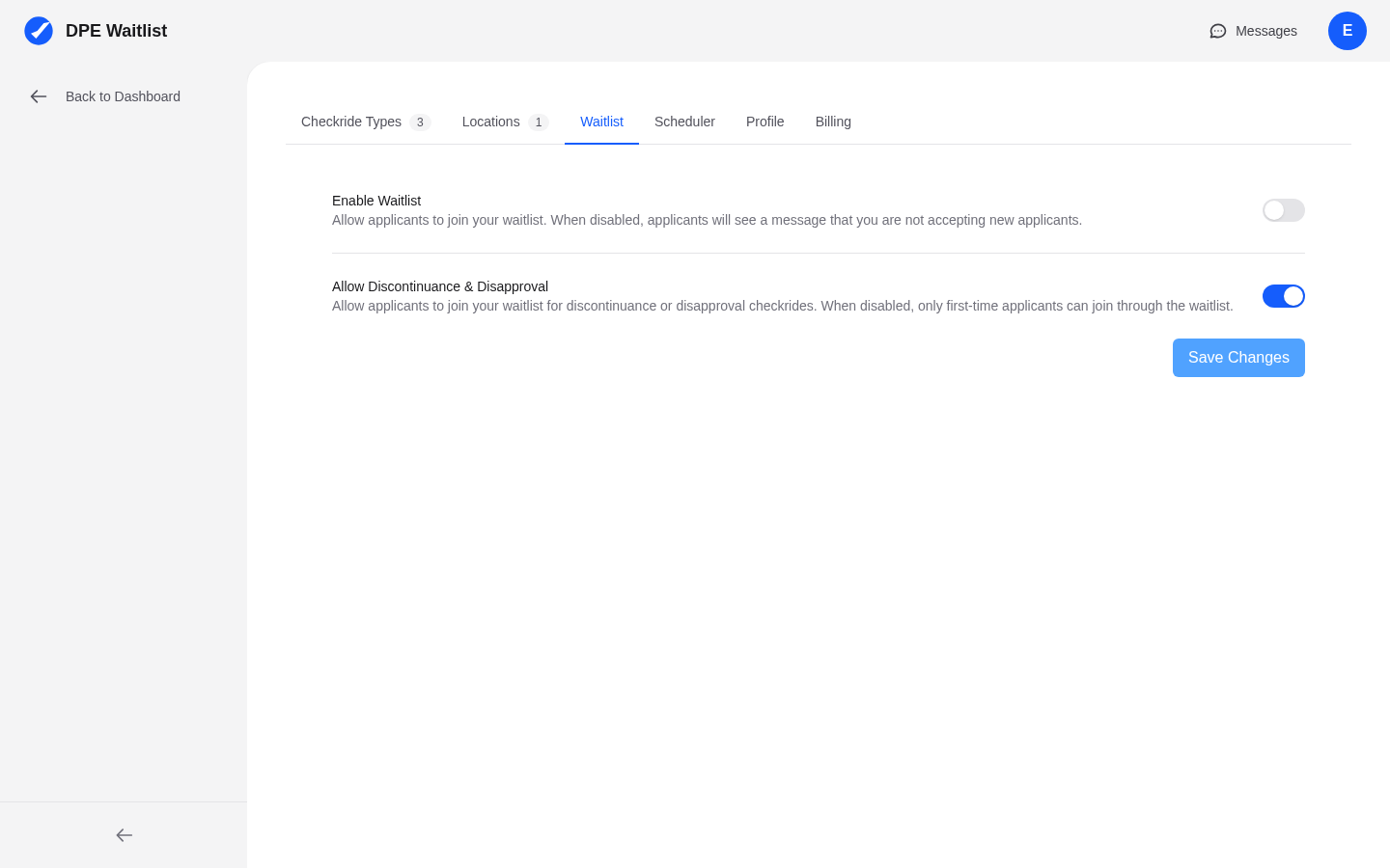 DPE Settings Waitlist tab showing the enable waitlist toggle and configuration options