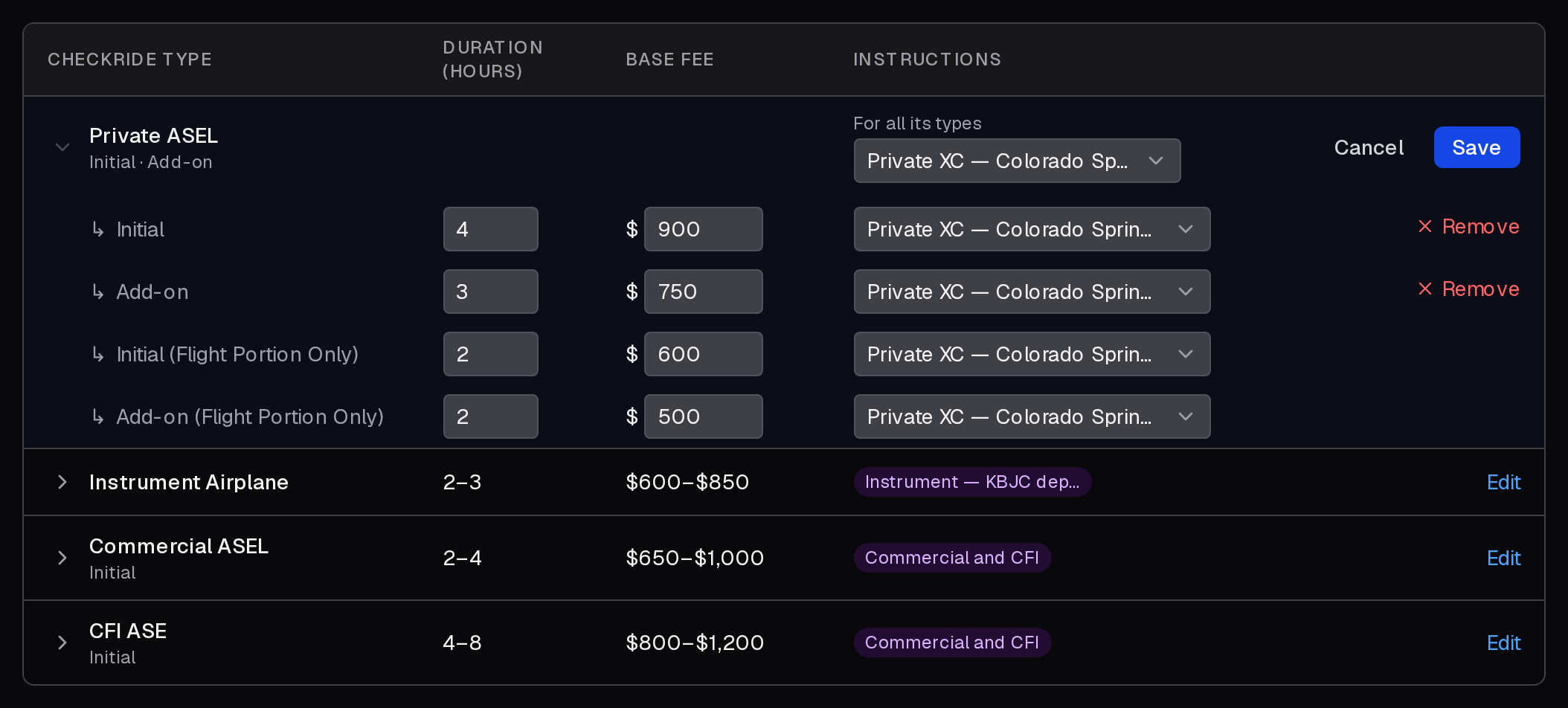 A group of checkride types being edited, with a base fee for each type