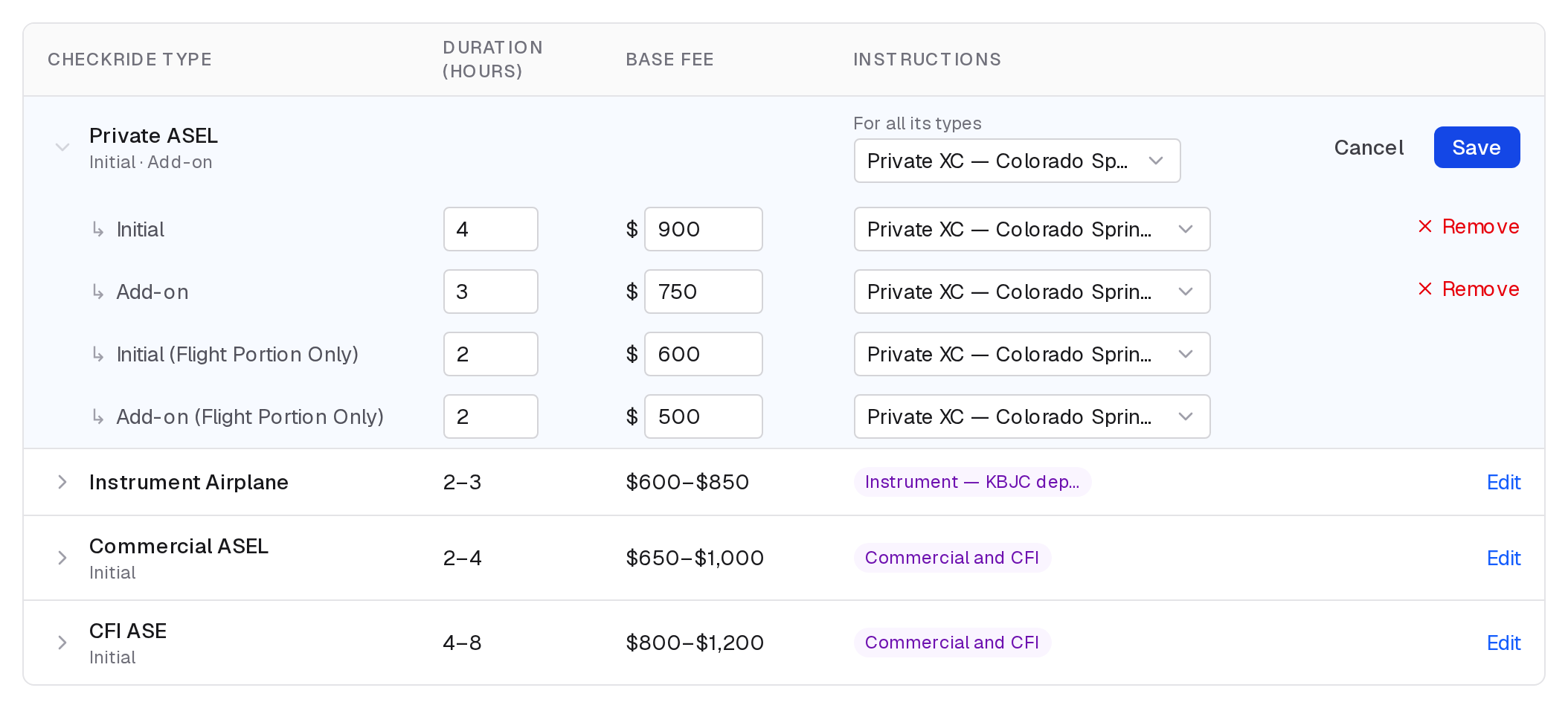 A group of checkride types being edited, with a base fee for each type