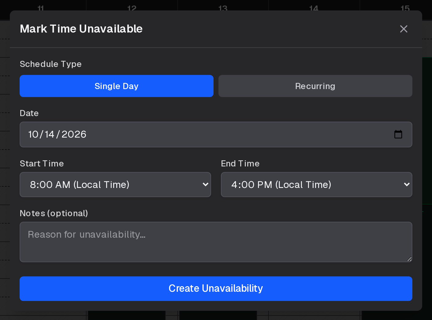 Mark Time Unavailable: the date, start and end times, and an optional note