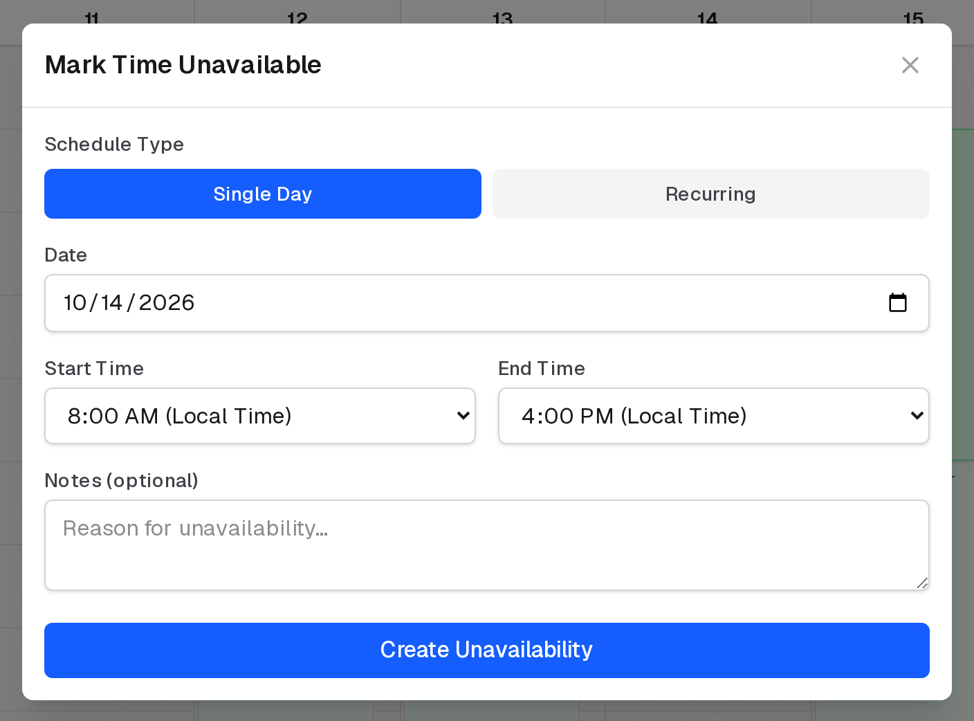 Mark Time Unavailable: the date, start and end times, and an optional note