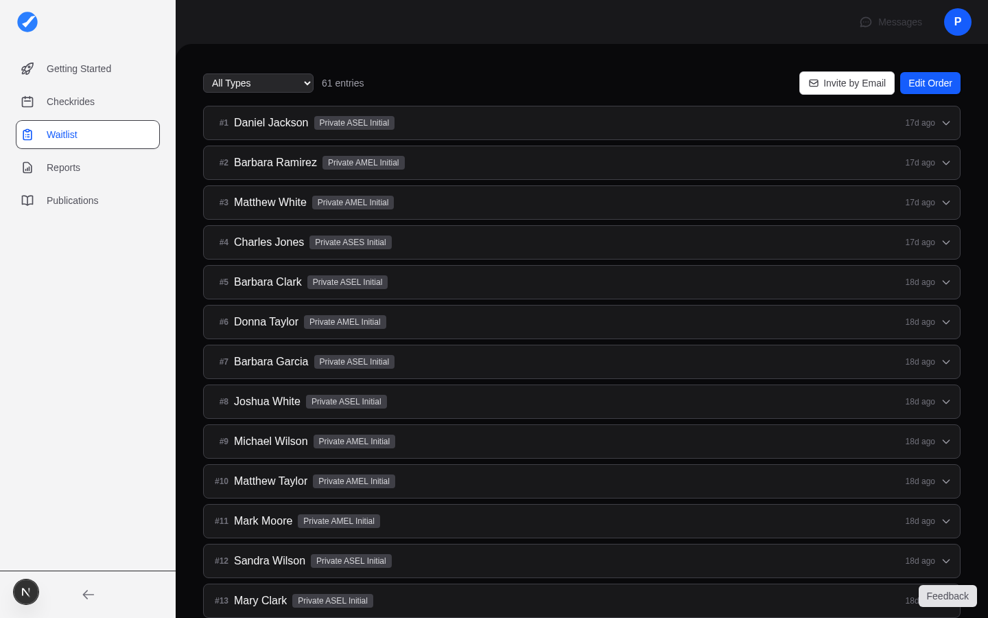 DPE waitlist page showing applicant entries in priority order