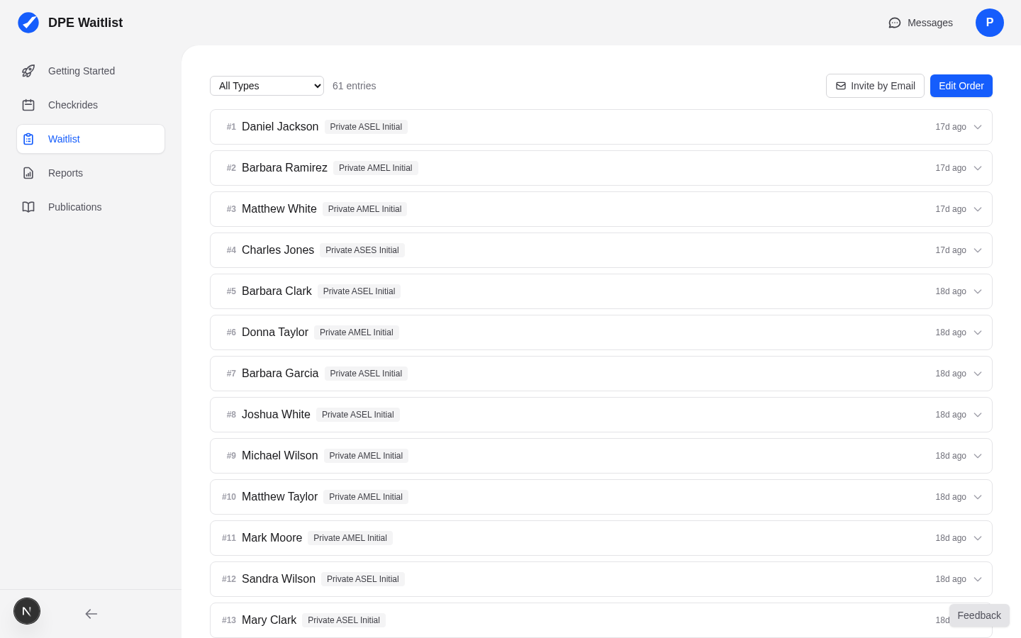 DPE waitlist page showing applicant entries in priority order