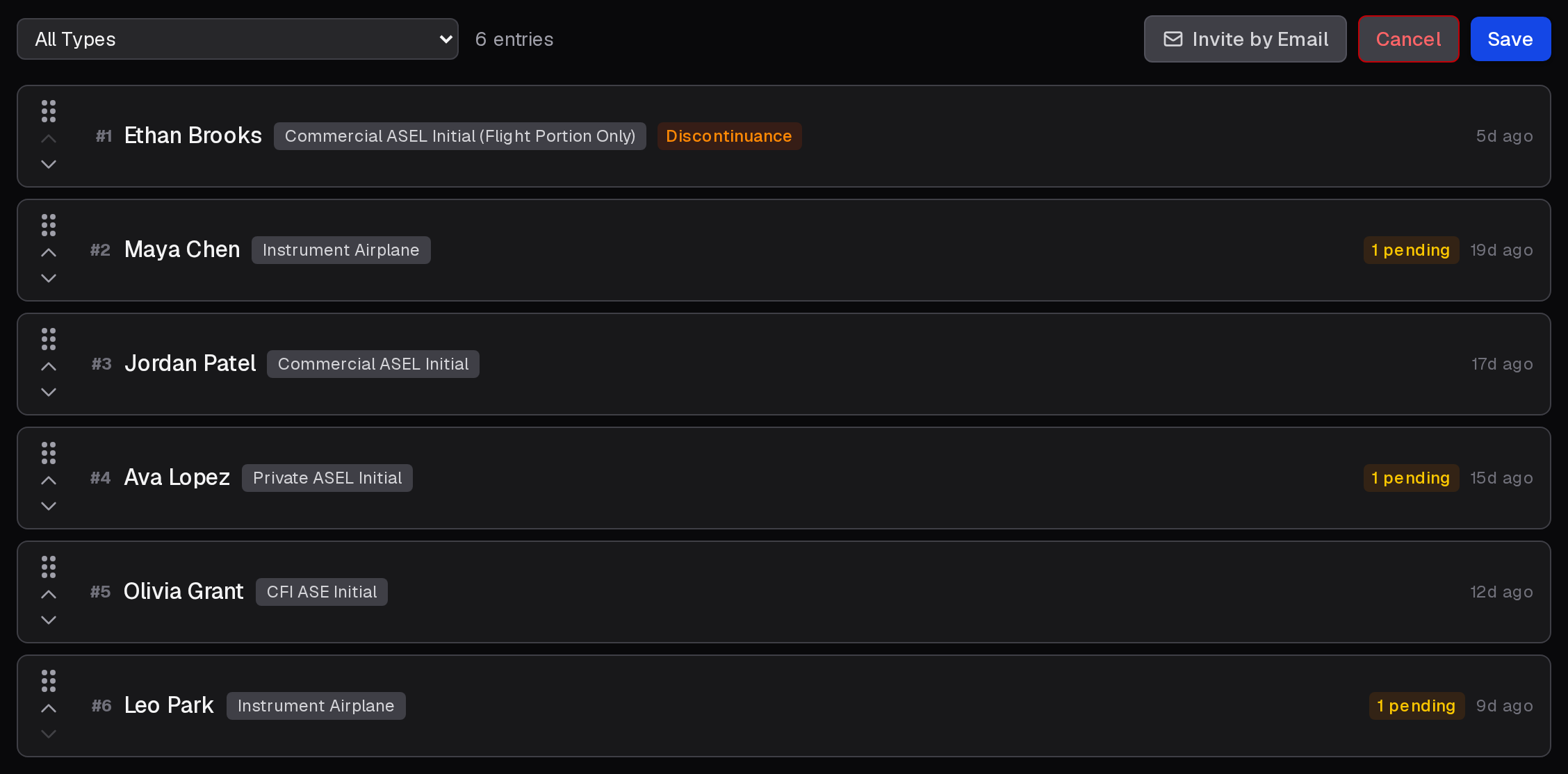 The waitlist in Edit Order, with a drag handle and up and down arrows on each entry, and Cancel and Save