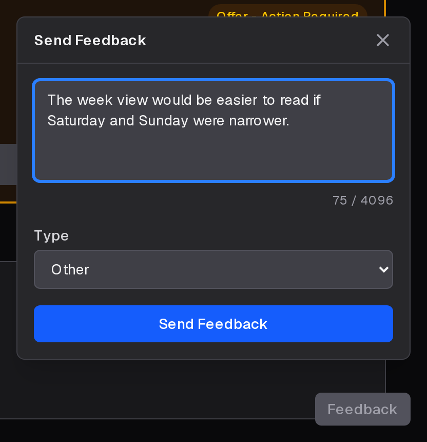 Send Feedback, opened from the Feedback button at the bottom right of every page