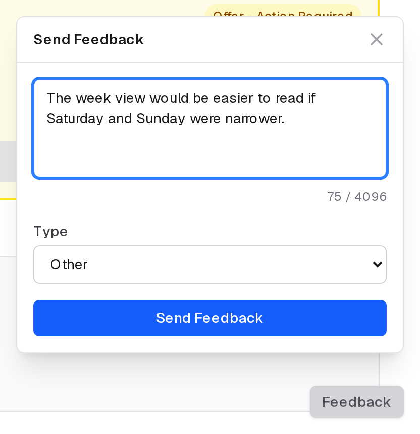 Send Feedback, opened from the Feedback button at the bottom right of every page