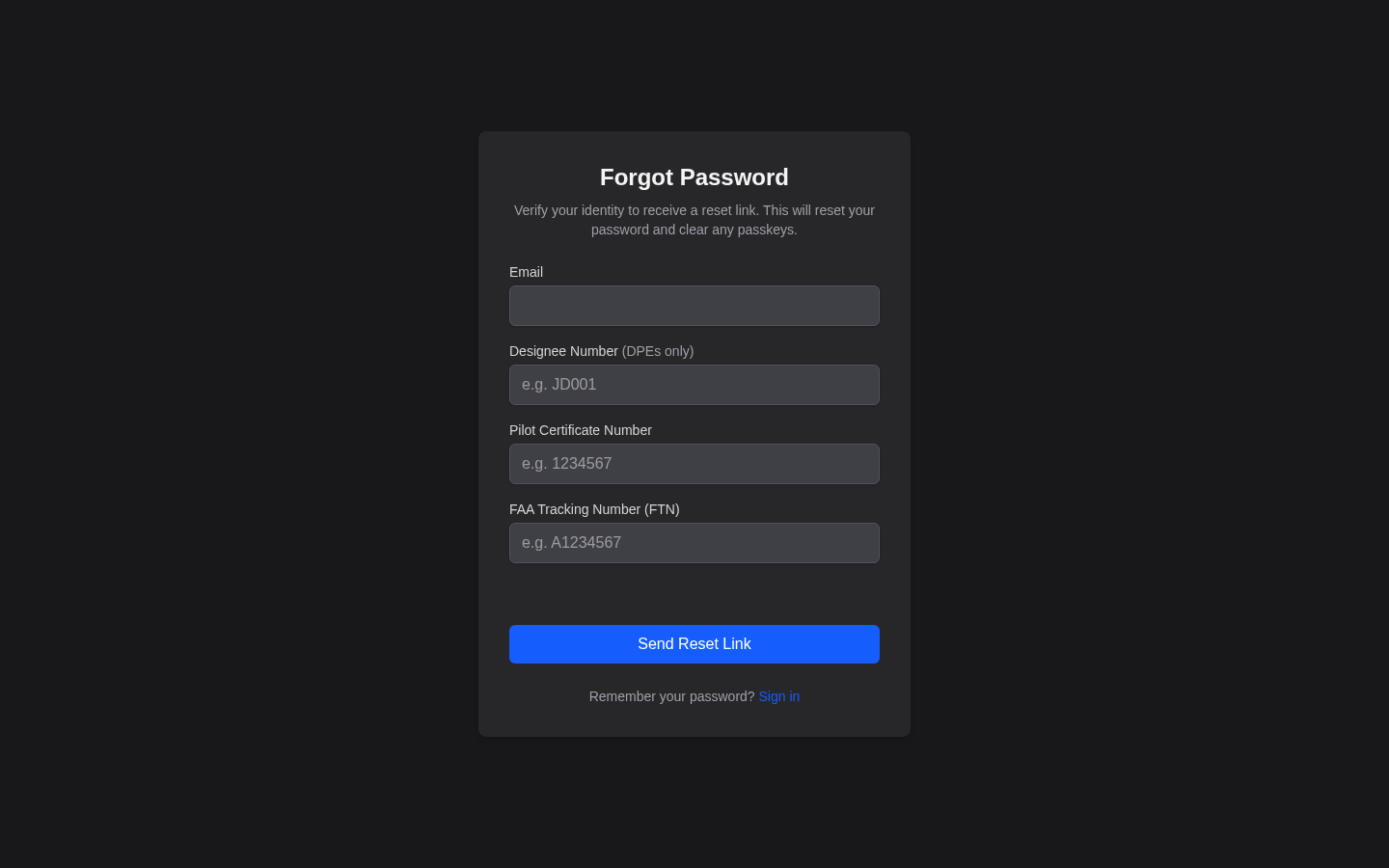 Forgot Password page with fields for email, designee number, pilot certificate number, and FTN