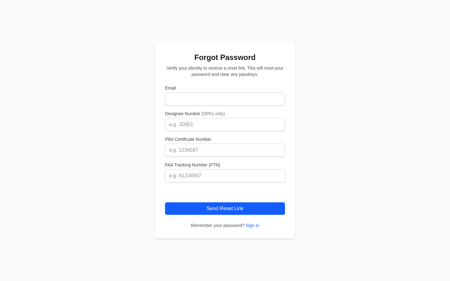 Forgot Password page with fields for email, designee number, pilot certificate number, and FTN