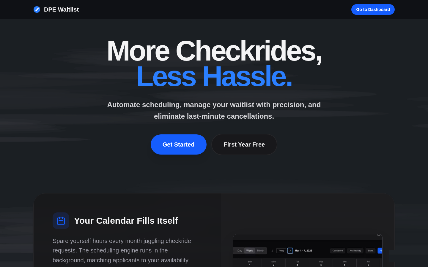 DPE Waitlist homepage showing the Get Started and First Year Free buttons