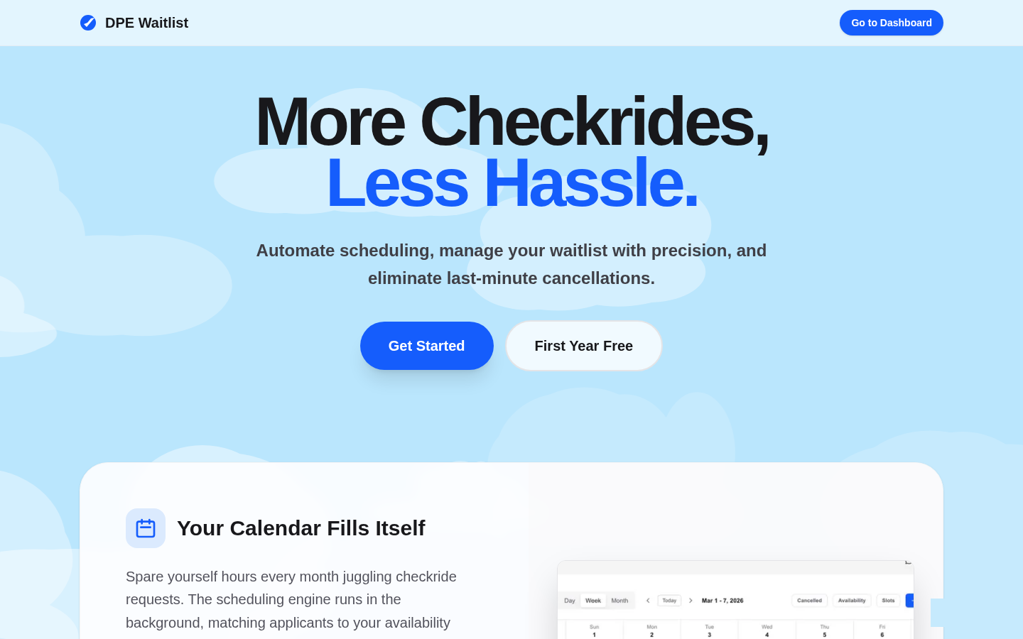 DPE Waitlist homepage showing the Get Started and First Year Free buttons
