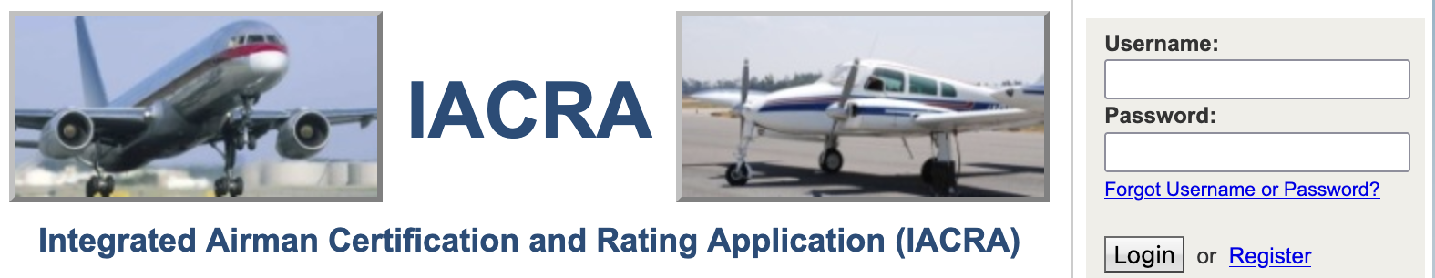 The IACRA home page, with the Username and Password boxes and the Login button