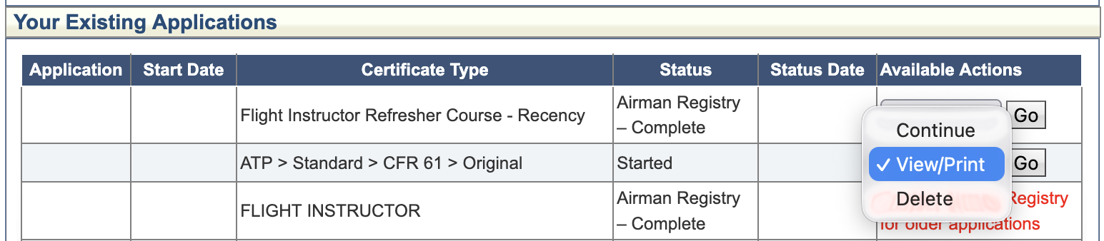 An application's Available Actions menu open, offering Continue, View/Print, and Delete, with View/Print chosen