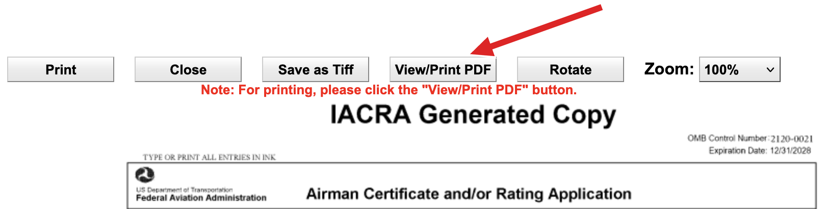IACRA's copy of the form, headed Airman Certificate and/or Rating Application, with an arrow pointing to View/Print PDF among the Print, Close, Save as Tiff, Rotate, and Zoom controls above it