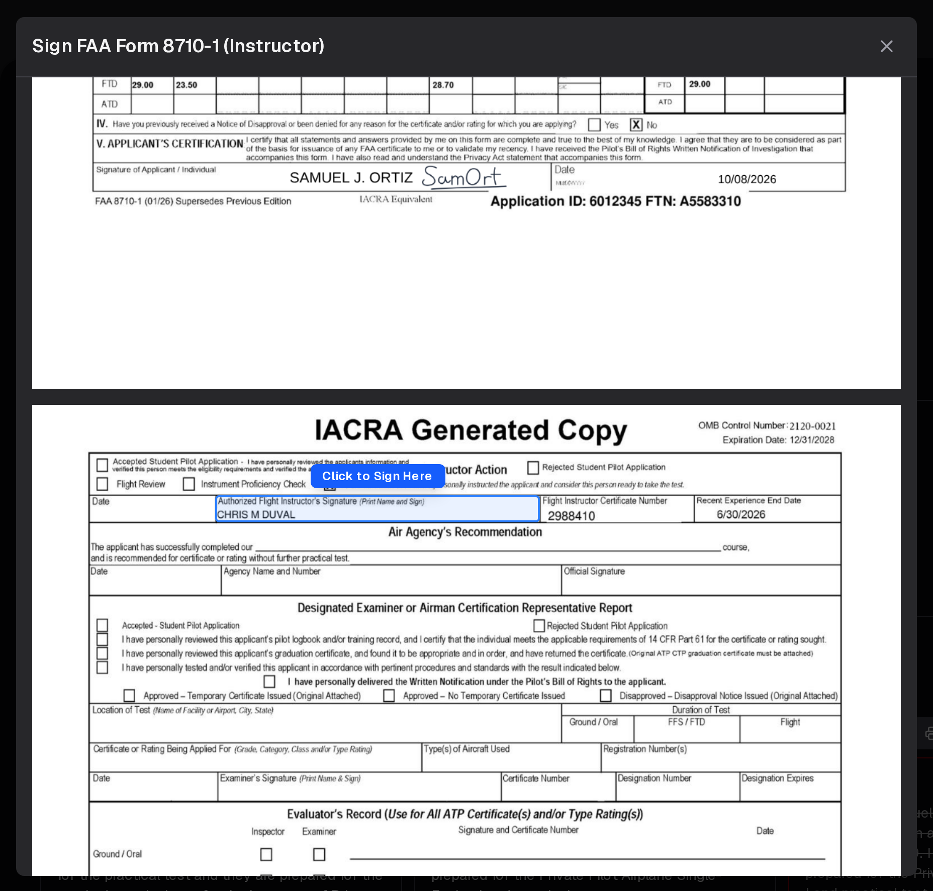 Sign FAA Form 8710-1 (Instructor): page 2 with the instructor's signature cell highlighted, beneath the applicant's signature