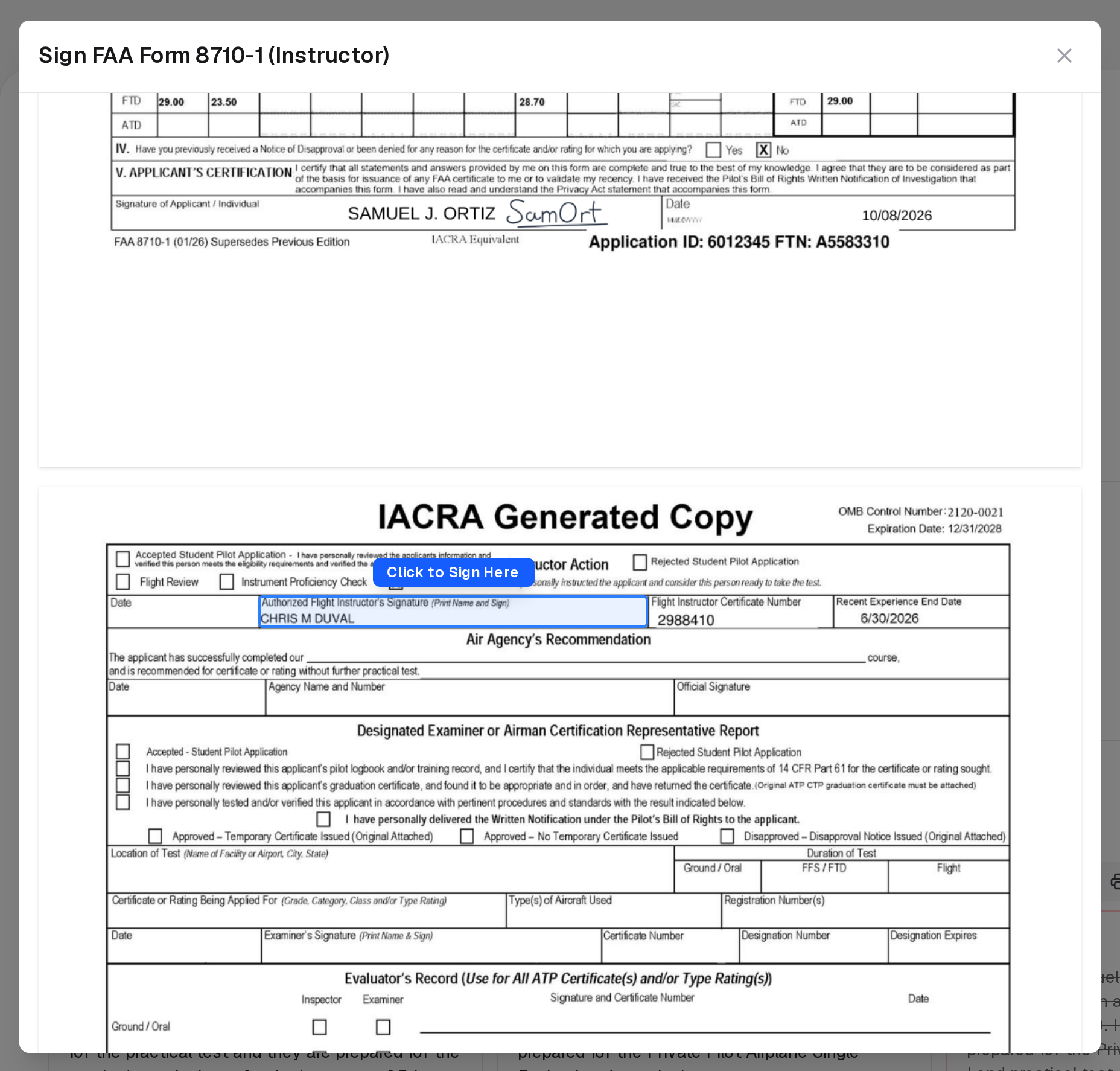 Sign FAA Form 8710-1 (Instructor): page 2 with the instructor's signature cell highlighted, beneath the applicant's signature