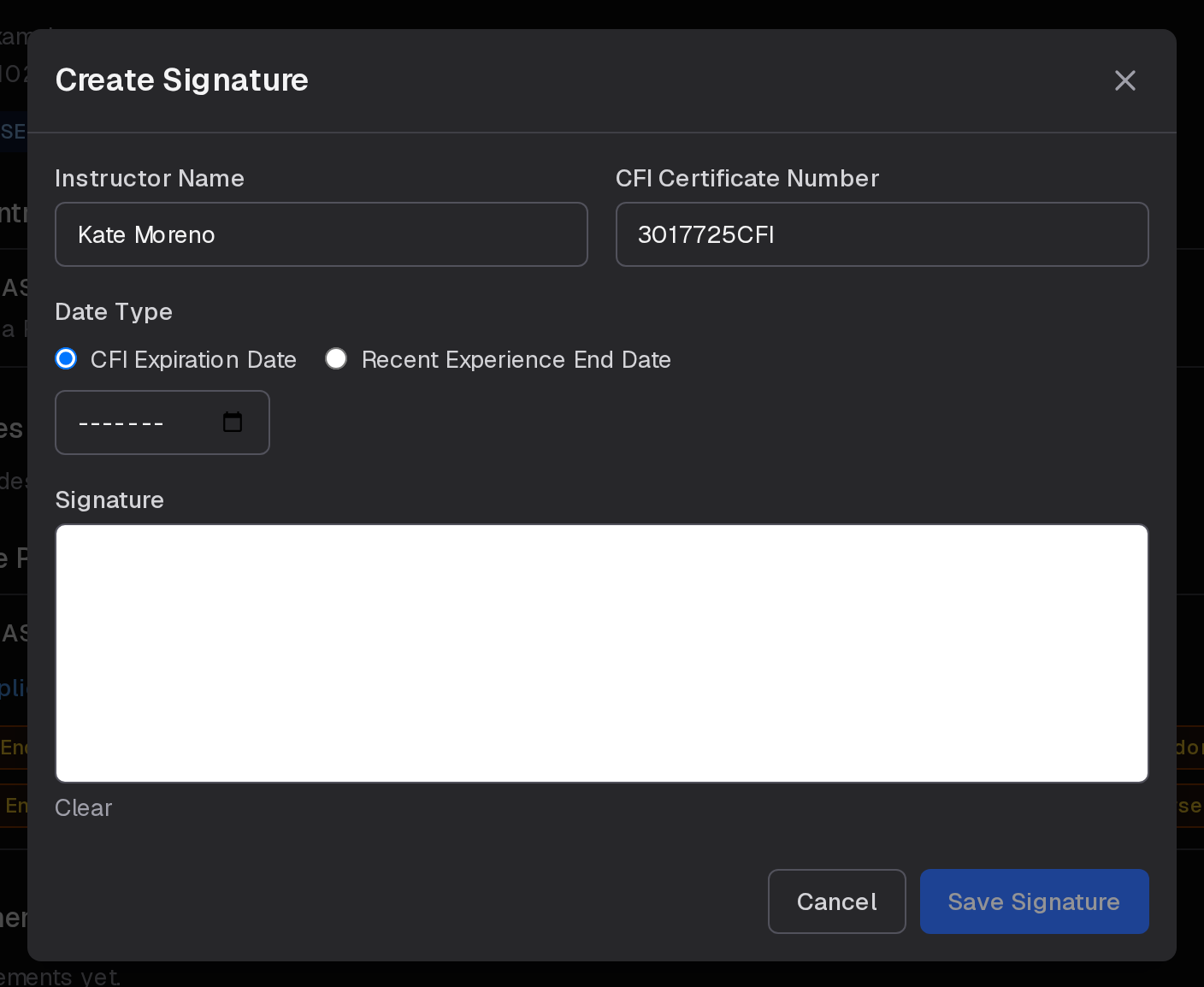 Create Signature: the instructor's name and CFI certificate number filled in, the CFI expiration or recent experience date, the signature pad with Clear, and Save Signature