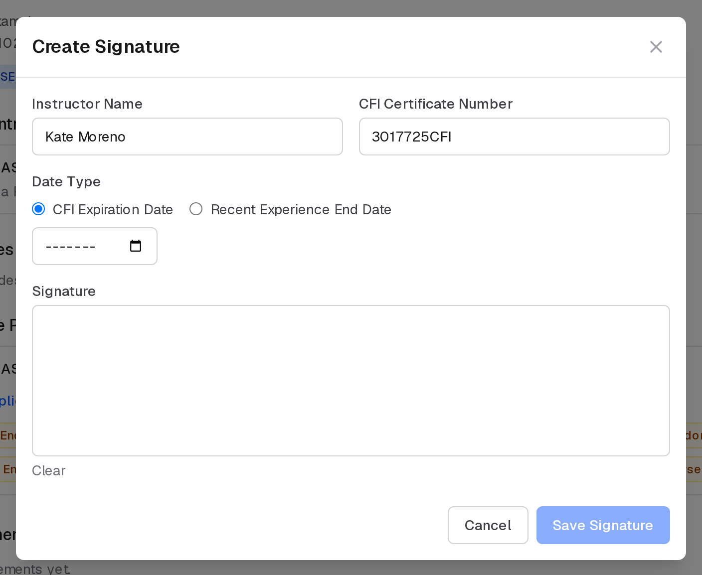 Create Signature: the instructor's name and CFI certificate number filled in, the CFI expiration or recent experience date, the signature pad with Clear, and Save Signature