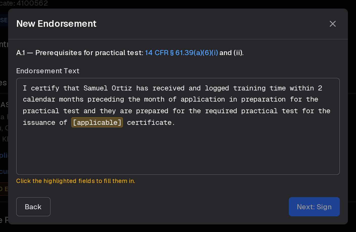 A new A.1 endorsement: its regulation, and the template text with the fields to fill highlighted, before Next: Sign