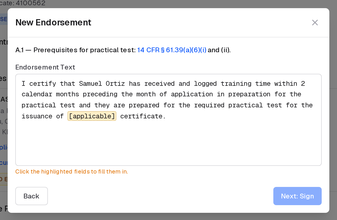 A new A.1 endorsement: its regulation, and the template text with the fields to fill highlighted, before Next: Sign