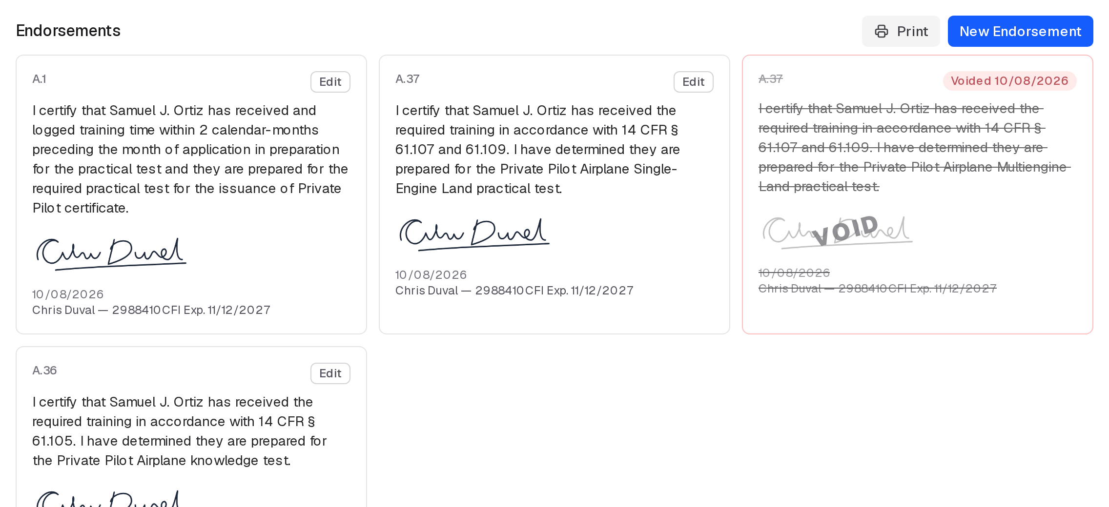A student's endorsements, each signed, with one voided and its replacement